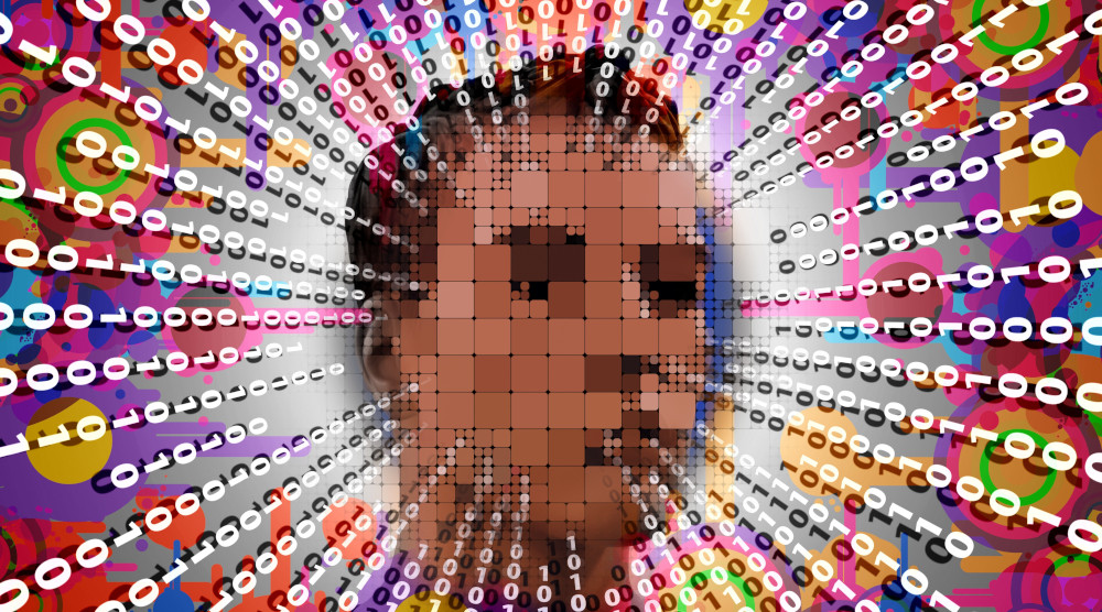 Pixelated face with 1 and 0's spinning around it