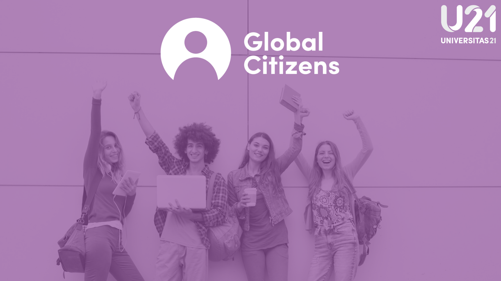 A group of students with arms up in celebration, once is holding a laptop