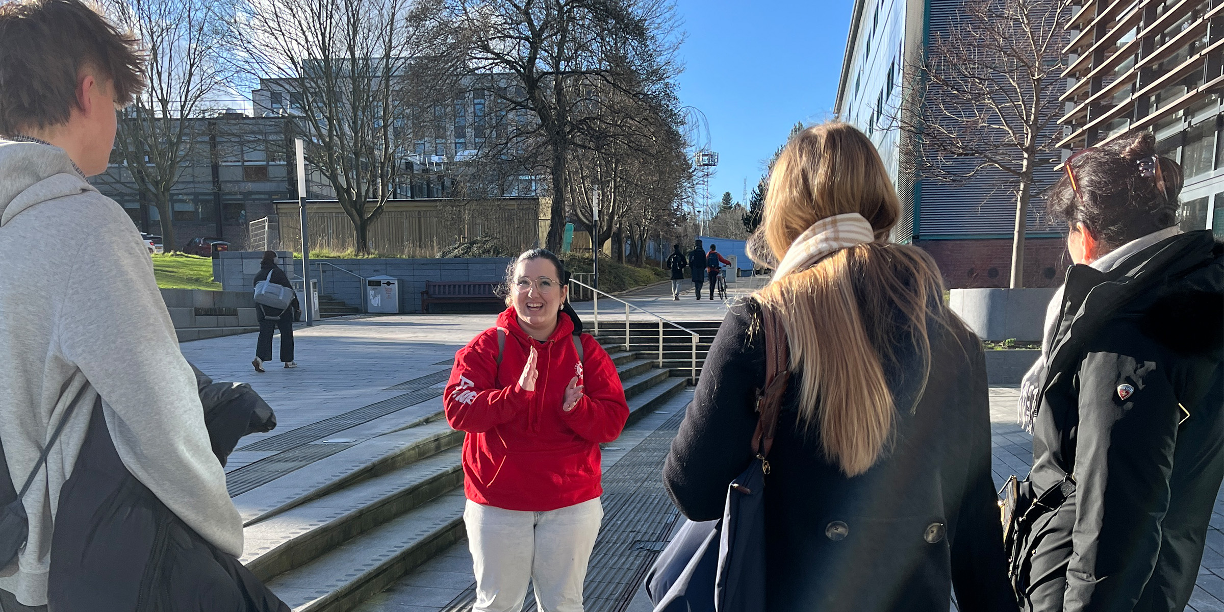 Student ambassador, Lara, gives visitors a tour of the King's Buildings campus, Edinburgh.